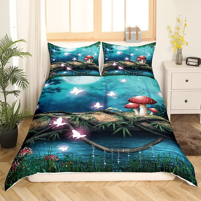 Detailed Red Mushroom Full Size Duvet Cover Moon Night Sky Jungle Bedding Set 3pcs for Kids Teens al Butterfly Cartoon Plant Comforter Cover Soft Quilt Cover Bedroom Decor Bedspread No Comforter Innovative