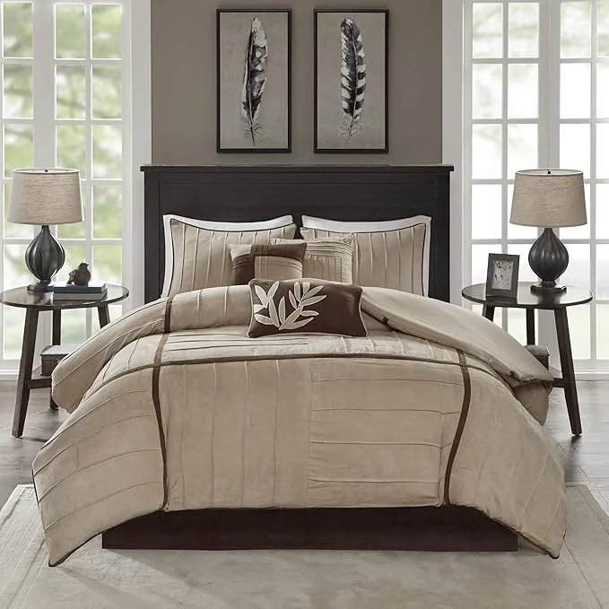 Breathable Madison Park Cozy Comforter Set Casual Blocks Design All Season Matching Bed Skirt Decorative Pillows Full 82 quot x90 quot Dune Suede Beige Brown 7 Piece Long-Lasting