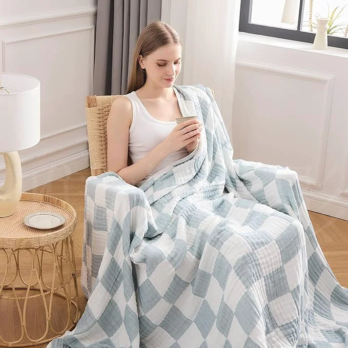 Prestigious EMME Checkered Cotton Blanket Queen Size for Bed Soft Large Muslin Bamboo Bed Blankets 80 quot x90 quot Lightweight Breathable All Season Gauze Teal Expertly Made