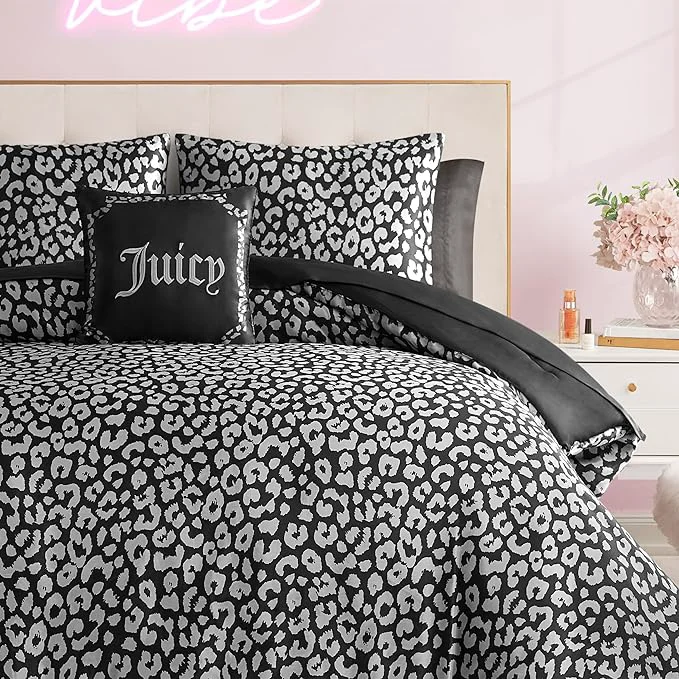 Excellent Juicy Couture Modern Black Leopard Satin King Comforter Set - Luxury Bed in a Bag – Soft amp Stylish 8-Piece Bedding Collection Detailed