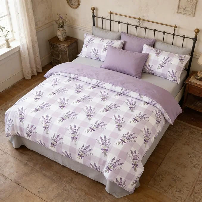 Genuine Gingham Queen Bed in A Bag 5Pcs Purple Lavender Bedding Comforter Set Boho Checkered Quilted Comforter with 2 Pillowcases 1 Flat Sheet 1 Fitted Sheet 90 quot x90 quot Safe