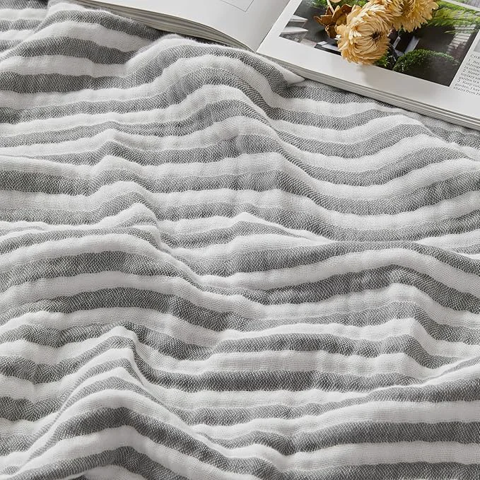 Top-Quality EMME Cotton Muslin Twin Blanket Breathable Gauze Soft Lightweight Adults Gifts for Women Striped Grey 60 quot x80 quot Superior