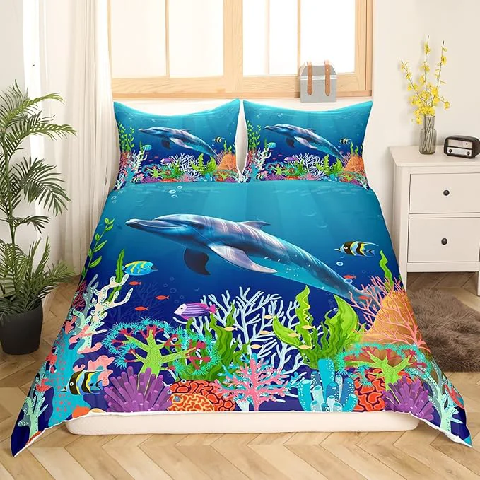 Powerful Cute Dolphin Kids Bedding Set Ocean Fish Coral Duvet Cover Set Cartoon Undersea Boys Girls Comforter Cover Set Blue Underwater Bedspread Cover Bedroom Quilt Cover Full with 2 Pillowcase No Comforter Artisan