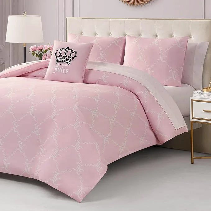Reliable Juicy Couture Light Pink White Link Logo Printed Comforter Set Twin – Complete 6-Piece Bed in a Bag Collection Official