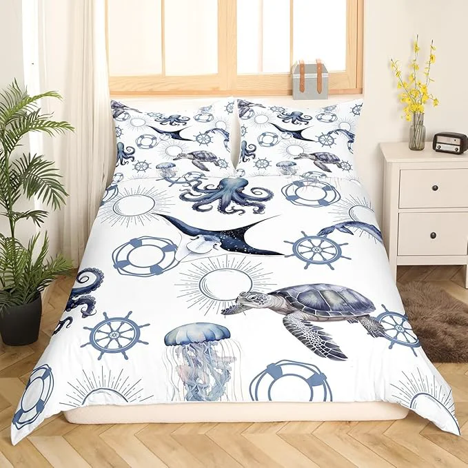 Traditional Sea Turtle Bedding Set for Kids Octopus Jellyfish Ocean Life Comforter Cover with Zipper Closure Nautical Style Sea Animals Bedding Set Twin Size Boys Girls Ultra Soft Quilt Cover No Comforter Unique