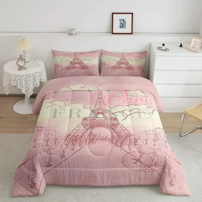 Casual Eiffel Tower Queen Size Comforter Set Retro Paris Style Down Comforter Adults Bedroom Decor Vintage Cityscape Girls Women Landmark Ultra Soft Microfiber Inner Fill 3Pcs Bedding Quality