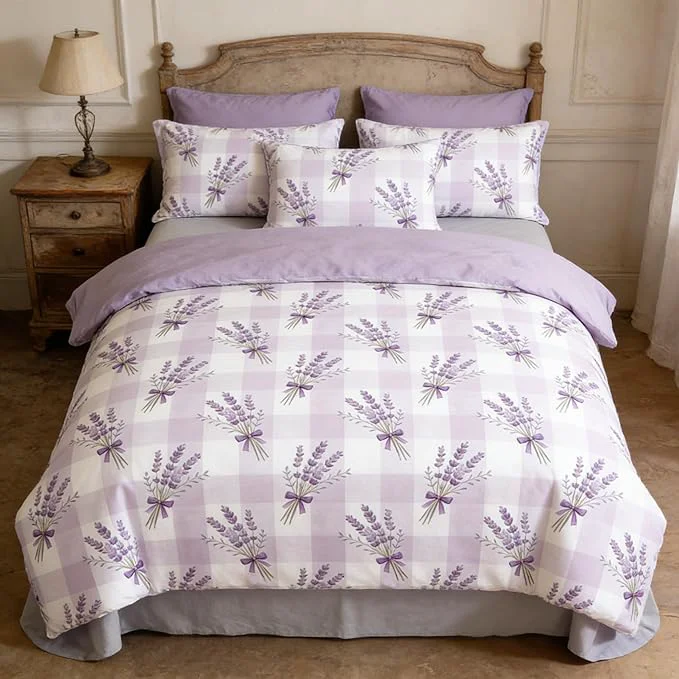 Traditional 5Pcs Gingham Bed in a Bag Twin Size Girls Purple Lavender Comforter Set with Sheet Plaid Bedding Checkered Quilted Comforter with 2 Pillowcases 1 Flat Sheet 1 Fitted Sheet 68 quot x86 quot Original