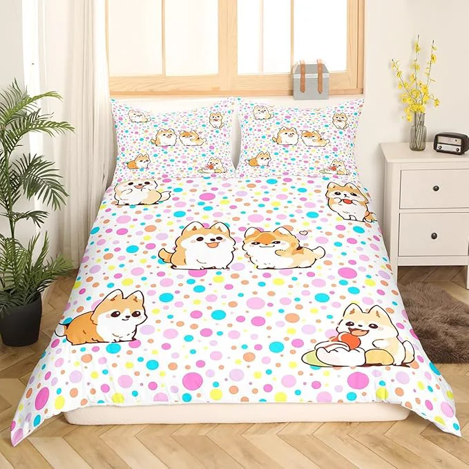 Classic Kawaii Dogs Bedding Set Colorful Polka Dots Duvet Cover Set Cartoon Puppies Comforter Cover Set Cute Pet Theme Bedspread Cover Bedroom Quilt Cover 3Pcs Queen with 2 Pillowcase No Comforter Convenient
