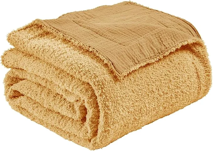 Reliable EMME Muslin and Fleece Throw Blanket Reversible - 50 quot 60 quot Beige Soft Warm Throw Blankets for Couch Bed Picnic Travel Bed High-End