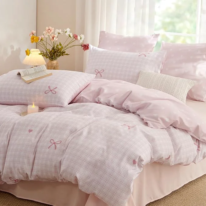 First-Class Pink Queen Comforter Set - Pink Bow Comforter Set Queen Size Heart Quilt Bedding Set 3 Pieces Soft amp Lightweight Comforter 90 x 90 for Girl All Season amp 2 Pillowcases 30 x20 Recyclable