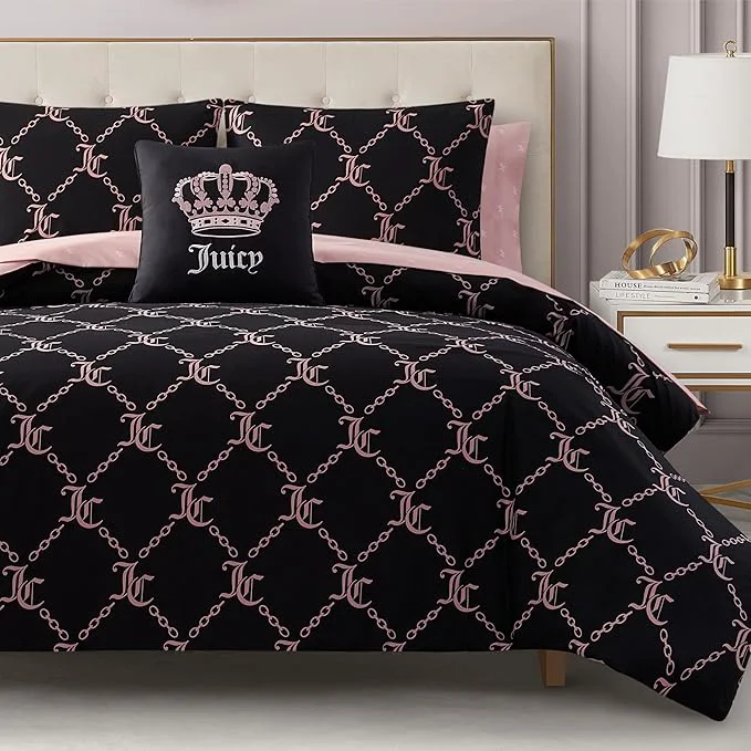 Versatile Juicy Couture Black Link Logo Printed Comforter Set Twin – Complete 6-Piece Bed in a Bag Collection Healthy