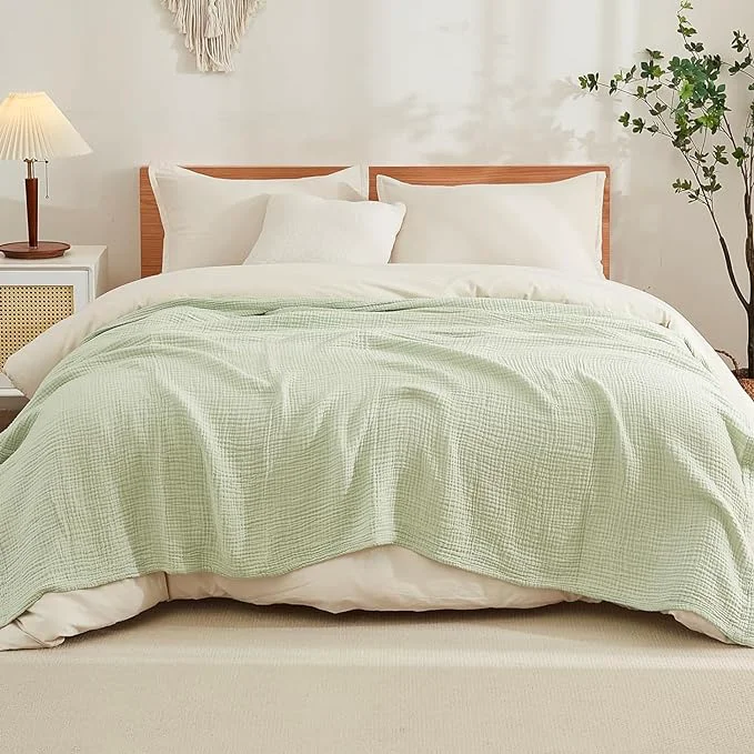 Certified EMME Cotton Throw Blanket for Couch Soft Muslin Blankets 50 quot x60 quot Lightweight Breathable Blanket All Season Gauze Blanket Mint Green Safe