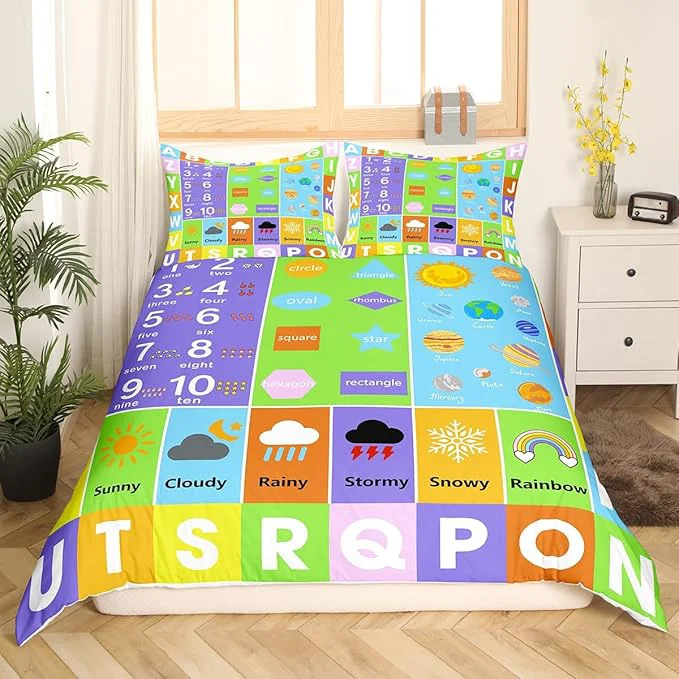 Minimalist Castle Fairy Alphabet Bedding Set for Kids Educational Weather Planets Number Comforter Cover with Zipper Closure Watercolor Patchwork Bedding Set Twin Size Boys Girls Ultra Soft Quilt Cover Advanced