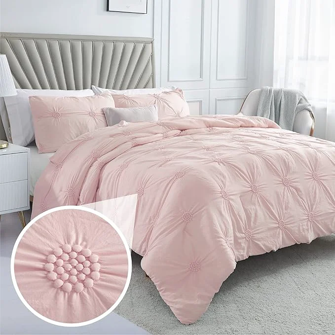 Minimalist Swift Home King Baby Pink Rose Blush Comforter Set - Ruched 3D Floral Pintuck Bedding Set - 3 Pieces Bed Linen 1 Comforter and 2 Pillow Shams Durable