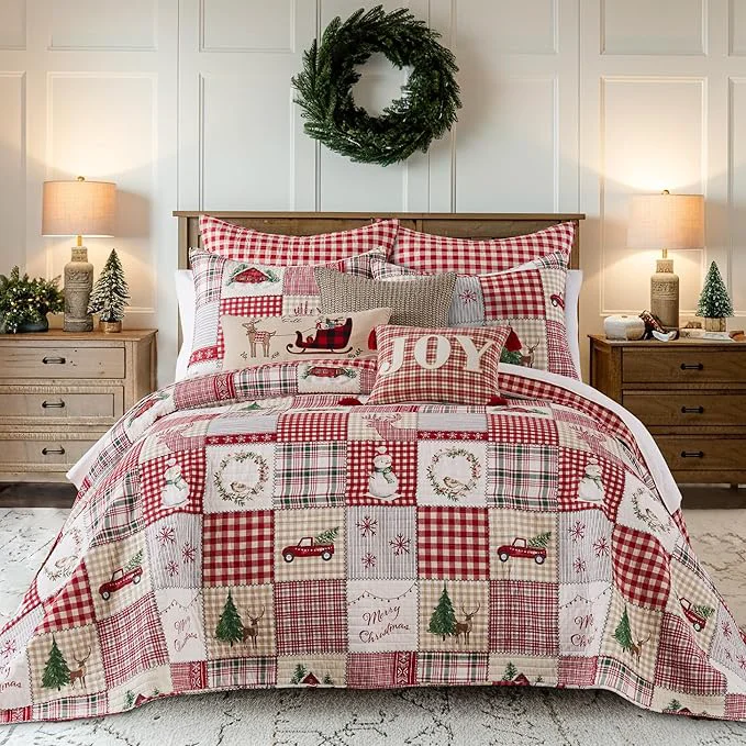 Functional Levtex Home - Home for Christmas Bedspread Set - Full Bedspread and Two Standard Shams - Patchwork - Green Red Taupe Cream - Bedspread 96X106in. and Shams 20x26in. - Cotton High-Performance