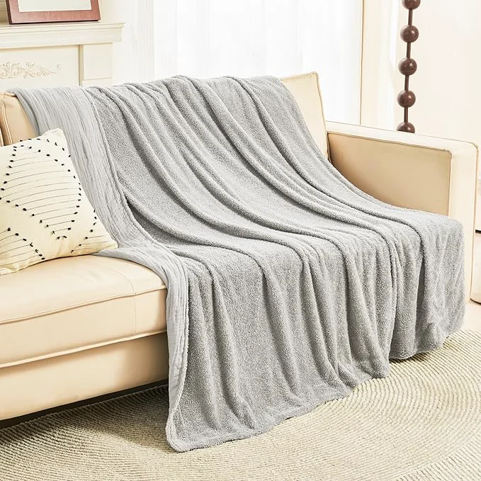 Comfortable EMME Muslin and Fleece Throw Blanket Reversible - 50 quot 60 quot Grey Soft Warm Throw Blankets for Couch Bed Picnic Travel Bed Stylish