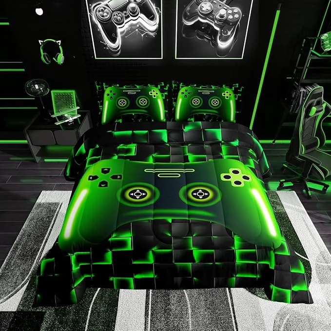 Elegant Erosebridal Full Size Game Console Comforter Set for Boys Girls Kids Gamer Bedding 3D Gaming Geometric Check Lightweight Soft Bedding Sets Neon Green Gamepad Bed Comforter Black Luxury