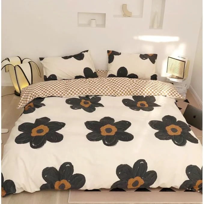 Safe TRP 3-Piece Soft Durable Double Brushed Microfiber Floral Comforter Set King Size Reversible Gingham Pattern Botanical Motifs Cute Bedding Cream Black Brown Colors Smooth Texture Cozy Plush Feel Outstanding