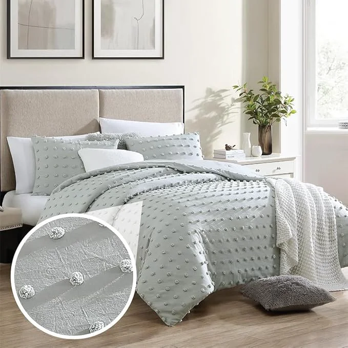 Sustainable Swift Home King Gray Comforter Set - Decorative Tufted Pom Poms Bedding Set - 3 Pieces Bed Linen 1 Comforter and 2 Pillow Shams Soft