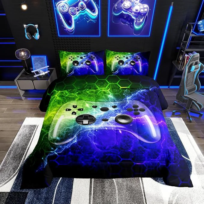 First-Class Erosebridal Boys Gaming Bedding Set Twin Size Kids Gamer Comforter Set Green Blue Lighting Gamepad Bedding for Teen Honeycomb Game Room Decor Soft Neon Games Console Quilt Duvet 2Pcs Sophisticated