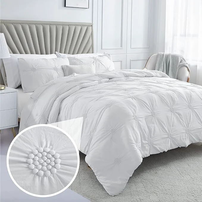 Superior Swift Home King White 3-Piece Down Comforter Set Bedding Ruched 3D Floral Pintuck All-Season Machine Washable Recyclable