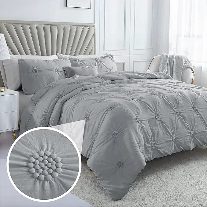Elegant Swift Home Twin Twin XL Gray Comforter Set - Ruched 3D Floral Pintuck Bedding Set - 2 Pieces Bed Linen 1 Comforter and 1 Pillow Sham Durable