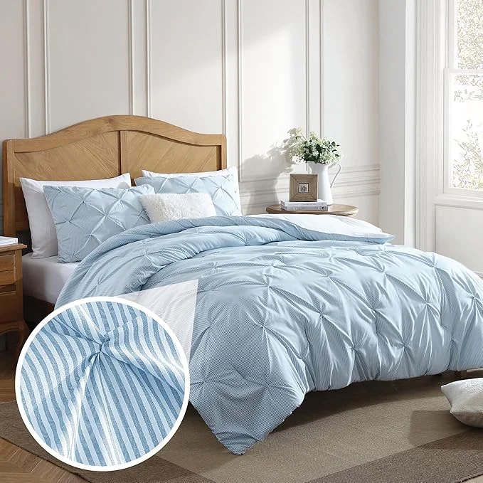 Reliable Swift Home King Pinstripe Chambray Blue Comforter Set - Classic Pintuck Bedding Set - 3 Pieces Bed Linen 1 Comforter and 2 Pillow Shams Functional