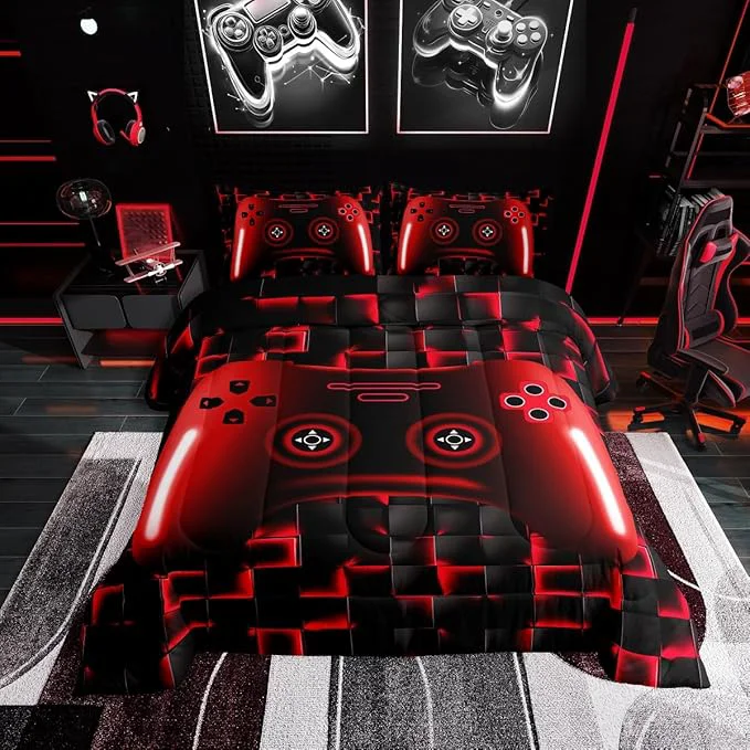 Secure Erosebridal King Gaming Bedding Sets for Boys Red Game Console Kids 3D Black Gamer Comforter Set with 2 Pillowcases for Boys Girls Teen Lightweight Geometric Gamepad Bedroom Set Red King Stylish