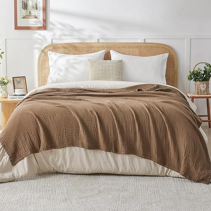 Durable EMME Cotton Muslin King Blanket Bed Layering Breathable Gauze Blanket Soft Lightweight Blankets Adults Brown 108 quot x90 quot Powerful