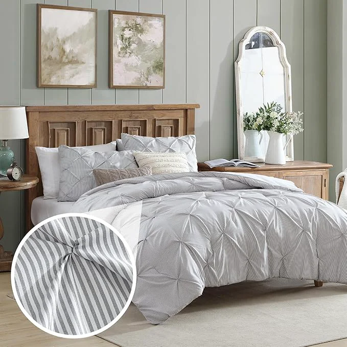 Flexible Swift Home King Pinstripe Charcoal Grey Comforter Set - Classic Pintuck Bedding Set - 3 Pieces Bed Linen 1 Comforter and 2 Pillow Shams Official