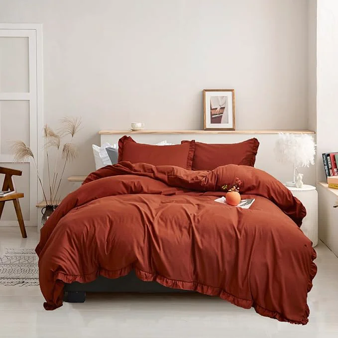 Flexible Luxlovery Ruffle Comforter Set King Burnt Orange Farmhouse Caramel Bedding Comforter Set Shabby Chic Rust Orange Solid Blanket Quilts Ruffled Reddish Caramel Bedding Set for Women Men