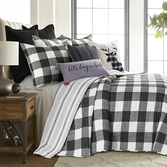 Trendy Levtex Home - Camden Bedspread Set - King 120 x 118 in. Two King Pillow Shams 36 x20 in. - Buffalo Check in Black and Cream - Reversible Pattern - Cotton Responsible