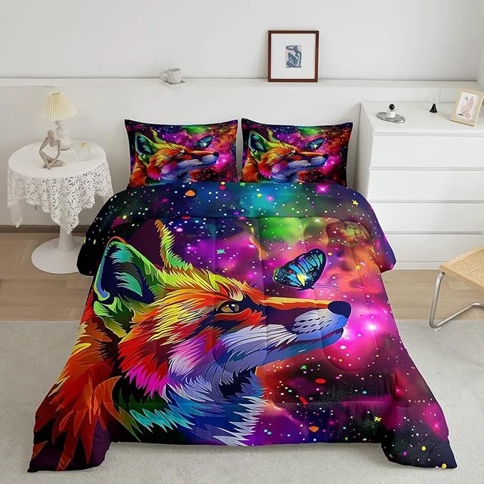 High-Performance Fox Print Bedding Set Full Cartoon Fox Butterfly Comforter Set for Kid Girl Boys 3D Animal Theme Colorful Galaxy Painting Quilt Duvet Starry Sky Down Comforter Home Room Decor with 2 Pillow Cases Sophisticated