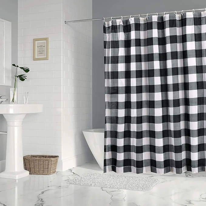 Fashionable Levtex Home - Camden -Shower Curtain 72x72in. with Button Holes - Buffalo Check - Grey and Cream Durable