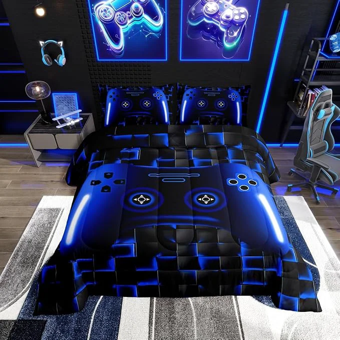 Eco-Friendly Gaming Full Size Comforter Sets For Kids Boys Teen Girls Game Controller Bedding Set 3Pcs Gamer Comforter For All Season Blue And Black Geometric Checkered Quilt Set For Young Men Soft Lightweight Powerful