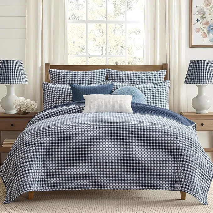 Environmentally Friendly Levtex Home - Camden Gingham Stitch Navy Quilt Set - King Quilt 106x92in and 2 King Shams 20x36in - Textured Gingham - Navy and White - Reversible - Cotton Textured High-Grade