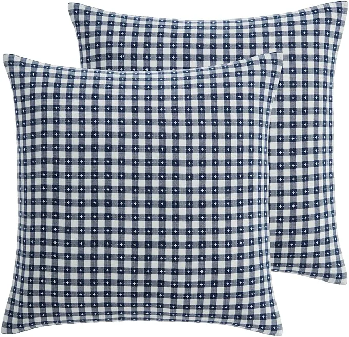 Practical Levtex Home - Camden Gingham Stitch Euro Sham Set of 2 - Textured Gingham - Reversible - Cotton - Tie Closure Back - Pillow Inserts Not Included Functional