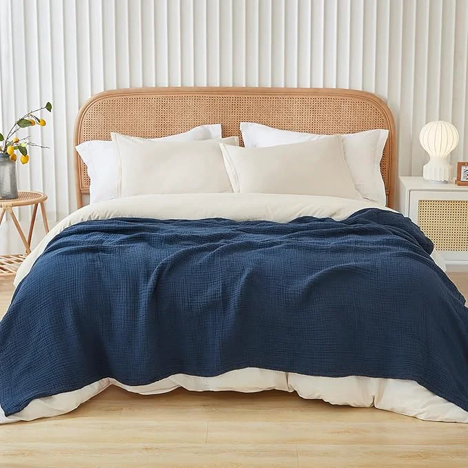 Quality EMME Cotton Muslin King Blanket Big Oversized Bed Layering Bedspread Coverlet Breathable Gauze Soft Lightweight Blankets Navy 120 quot x94 quot Flexible