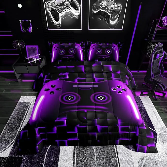 Flexible Gaming Queen Size Bedding Sets For Kids Boys Teen Girls Game Controller Comforter Set 3Pcs Gamer Bedding For All Season Purple And Black Geometric Checkered Quilt Set For Young Men Soft Lightweight Breathable