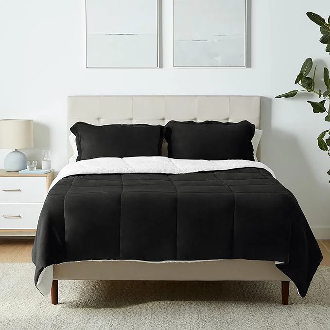 Responsible Amazon Basics 3-Piece Micromink Sherpa Bedding Set Ultra-Soft Warm All Season Comforter Full Queen Black Reversible Premium Material