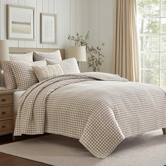 Fine Crafted Levtex Home - Camden Gingham Stitch Taupe Quilt Set - Full Queen Quilt 88x92in and 2 Standard Shams 20x26in - Textured Gingham - Taupe and Cream - Reversible - Cotton Textured Stylish