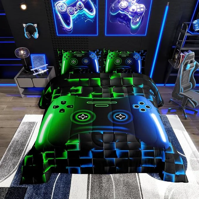 Reusable Erosebridal Gaming Comforter Sets for Boys Full Size Bedding Sets for Boys Girls Kids 3D Gamer Geometric Comforter Game Console Lightweight Microfiber Duvet Quilt Neon Green Blue Black Glowing Premium