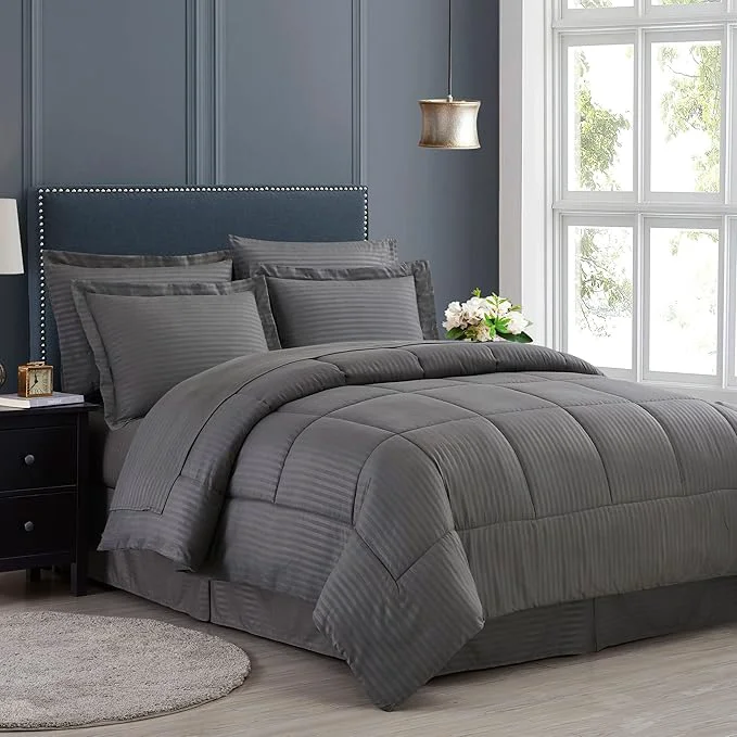 Exceptional King Size Comforter Set 8 Piece Bed in a Bag with Bed Skirt Fitted Sheet Flat Sheet 2 Pillowcases 2 Pillow Shams King Dobby Gray Authentic
