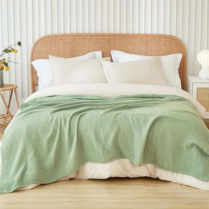 Original EMME Cotton Muslin King Blanket Big Oversized Bed Layering Bedspread Coverlet Breathable Gauze Soft Lightweight Blankets Sage Green 120 quot x94 quot Long-Lasting