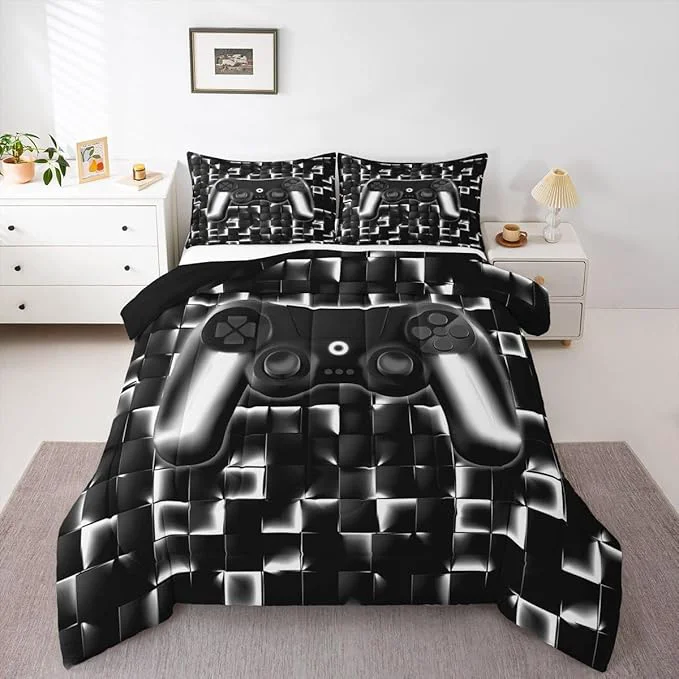 High-End Erosebridal Video Game Queen Boys Bedding Set Gamer Kids Comforter Geometric Gaming Bedding Comforter Teen Men Neon Lights Checkered Game Console Bed Set Black White Gradient Gamepad Quilt 3 Piece Genuine