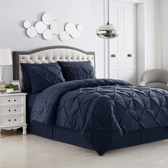Healthy King Size Comforter Set 8 Piece Bed in a Bag with Bed Skirt Fitted Sheet Flat Sheet 2 Pillowcases 2 Pillow Shams King Pintuck Navy Unique