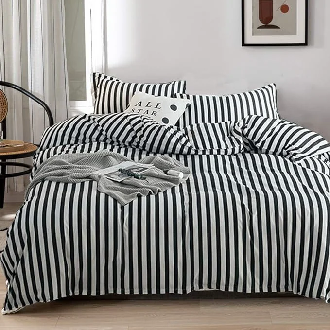 Certified Luxlovery Black and White Comforter Set King Men Women Striped Bedding Set Farmhouse Ticking Stripes Bedding Blanket Geometric Lines Modern Comforter Set with 2 Pillowcases First-Class