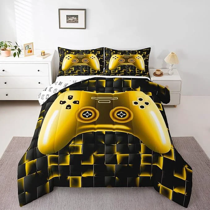Authentic Erosebridal Kids Gamer Bedding Sets for Boys King Gaming Comforter Set Black Gold Geometric Game Console Grids Comforter for Teen Youth Men Video Game Bed Set Soft Lightweight for All Season Clean