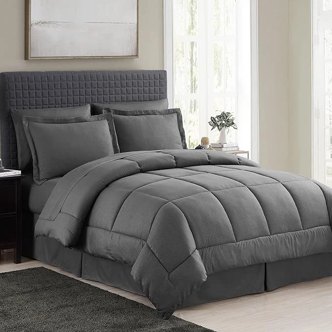 Powerful King Size Comforter Set 8 Piece Bed in a Bag with Bed Skirt Fitted Sheet Flat Sheet 2 Pillowcases 2 Pillow Shams King Checkered Gray Premium Material