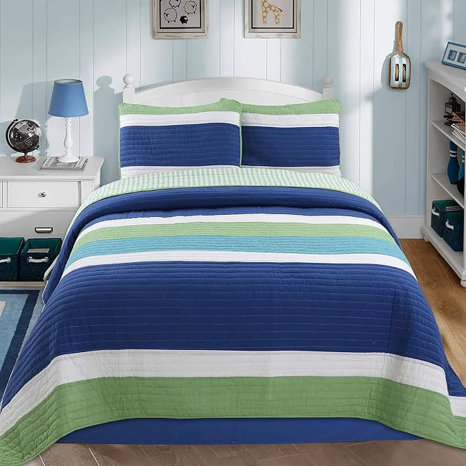 Next-Generation Cozy Line Home Fashions Waylon Navy Blue Green White Striped Cotton Reversible Bedding Quilt Set Coverlet Bedspread Blue Green Queen - 3 Piece Refined